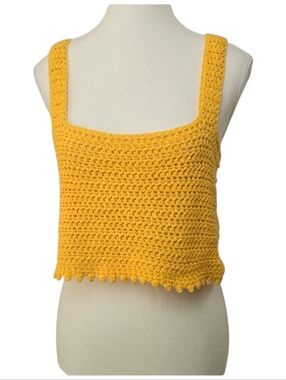 Yellow Crochet Square Neck Cropped Tank Top Boho Festival Knit Summer Y2K